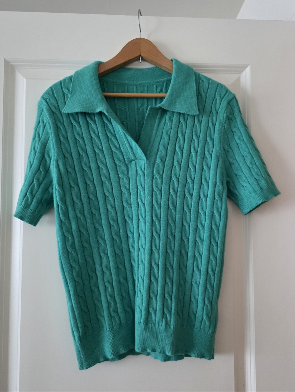 Cableknit Shortsleeve Collared Sweater Y2k Golf Preppy Academia Womens M Green